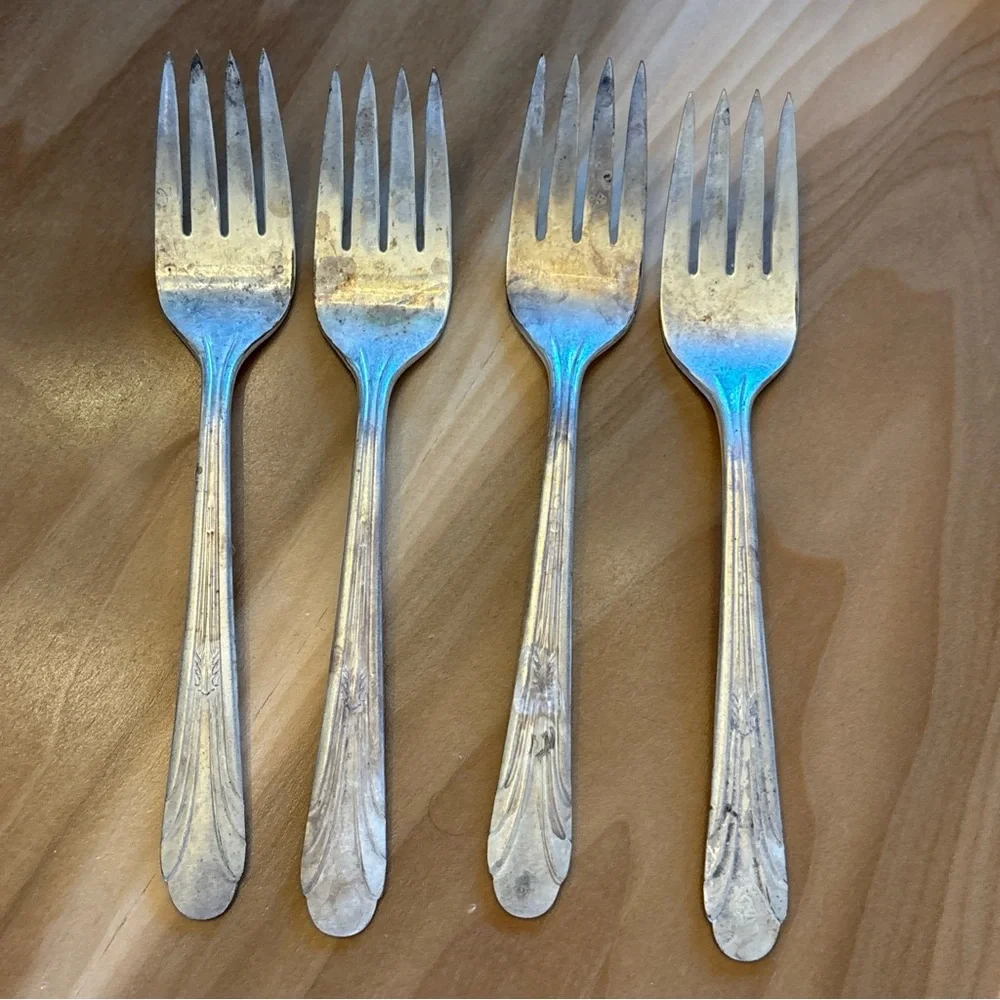 4 Salad Forks Monroe Silver Co Brandon Plume Silver Plate Antique